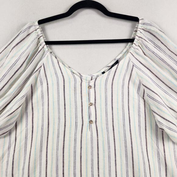 Zac & Rachel Linen Blend Peasant Blouse Women ‘s SZ L Cream Multicolor Striped - Picture 6 of 14
